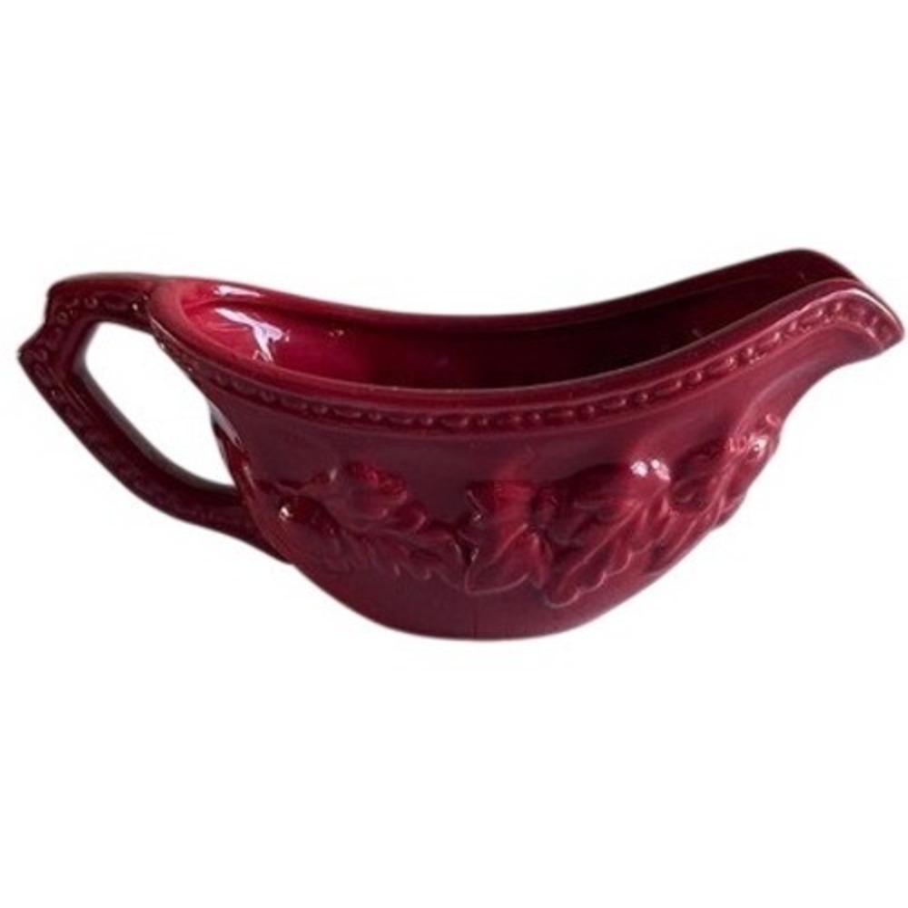Savino Cranberry‎ Red Ceramic Gravy Boat Embossed Cherubs Ruffled RimHoliday